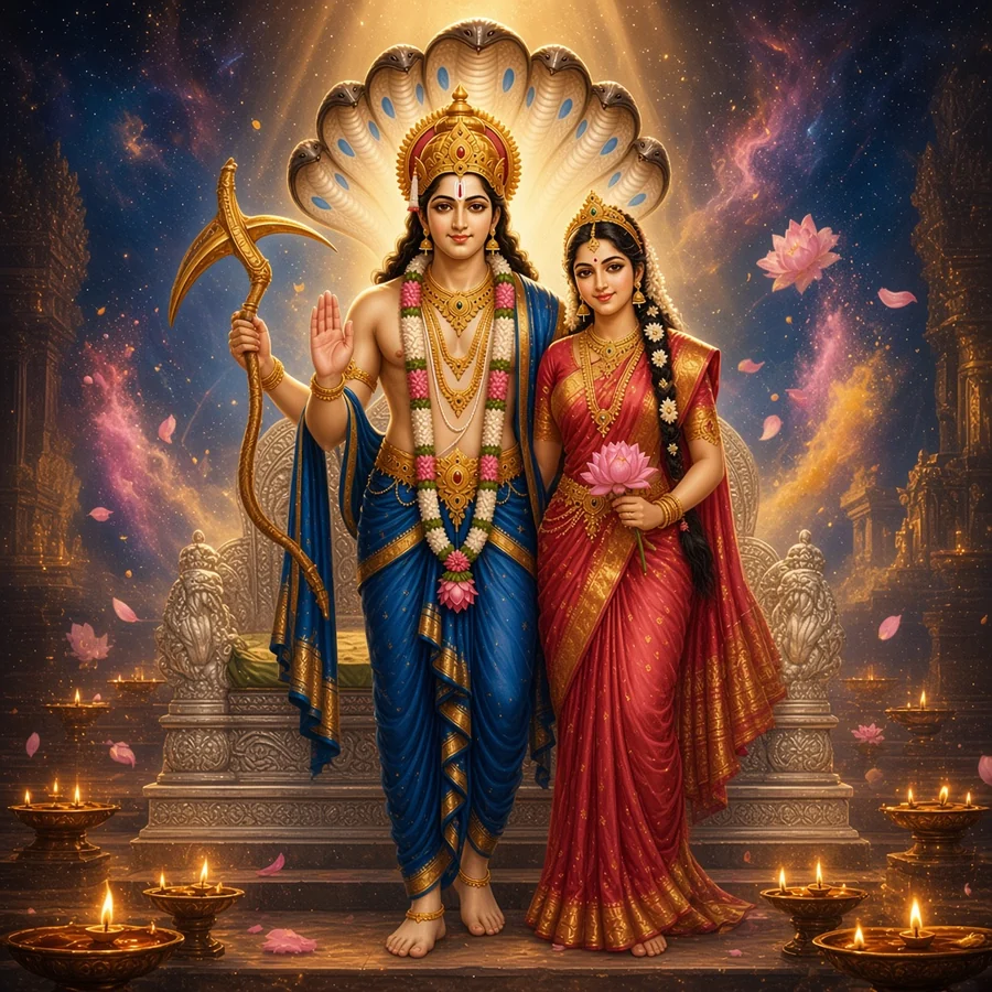 Balarama and Revati stand together in the lamplit shrine of Dauji at Baldeo
