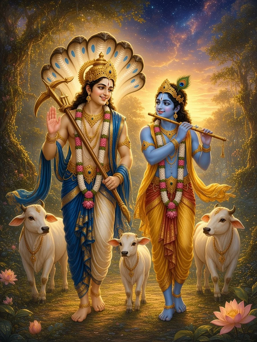 The fair brother and the dark brother walk home behind the cows of Vrindavan