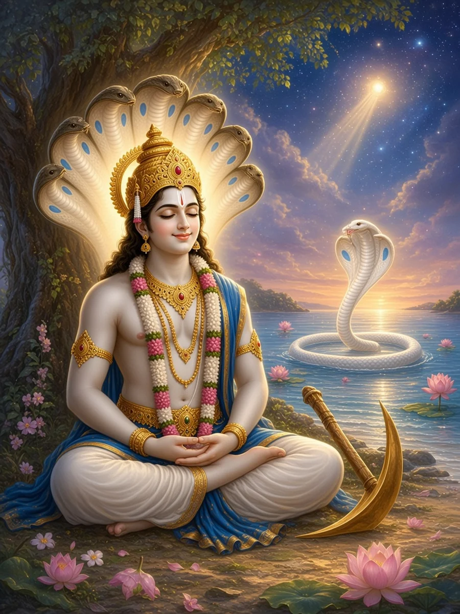 Balarama sits by the sea as the white serpent Shesha goes home to the waters