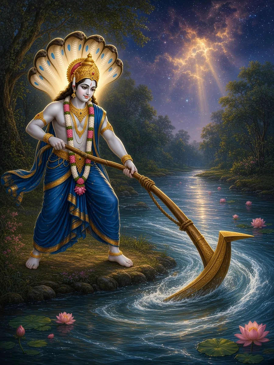 Balarama hooks his plough into the Yamuna and the river bends towards him