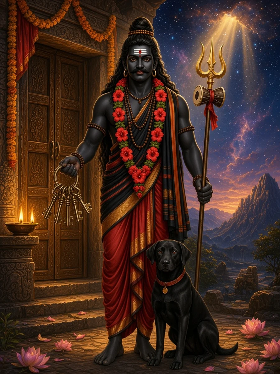 Bhairava holds the keys at the closed door of the goddess's temple at night
