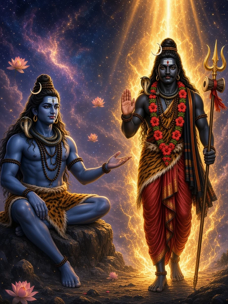 Bhairava steps out of a column of fire before Shiva, who made him from his anger