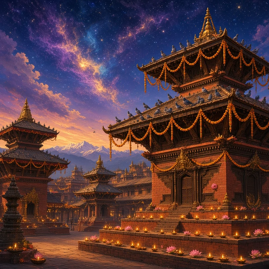 The royal square of Kathmandu, home of the black and white Bhairabs, at festival dusk