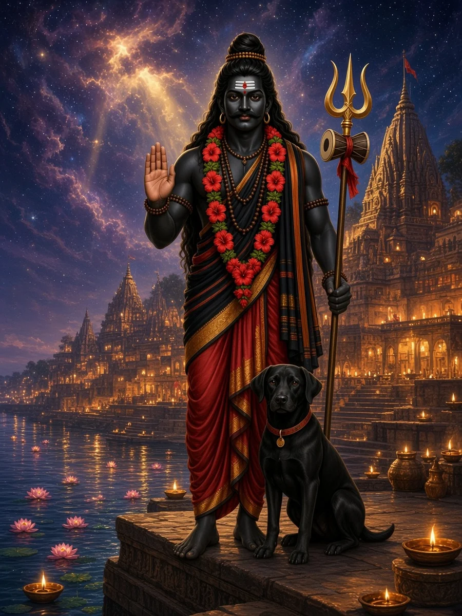 Bhairava and his dog keep watch over the lamplit ghats of Kashi at night