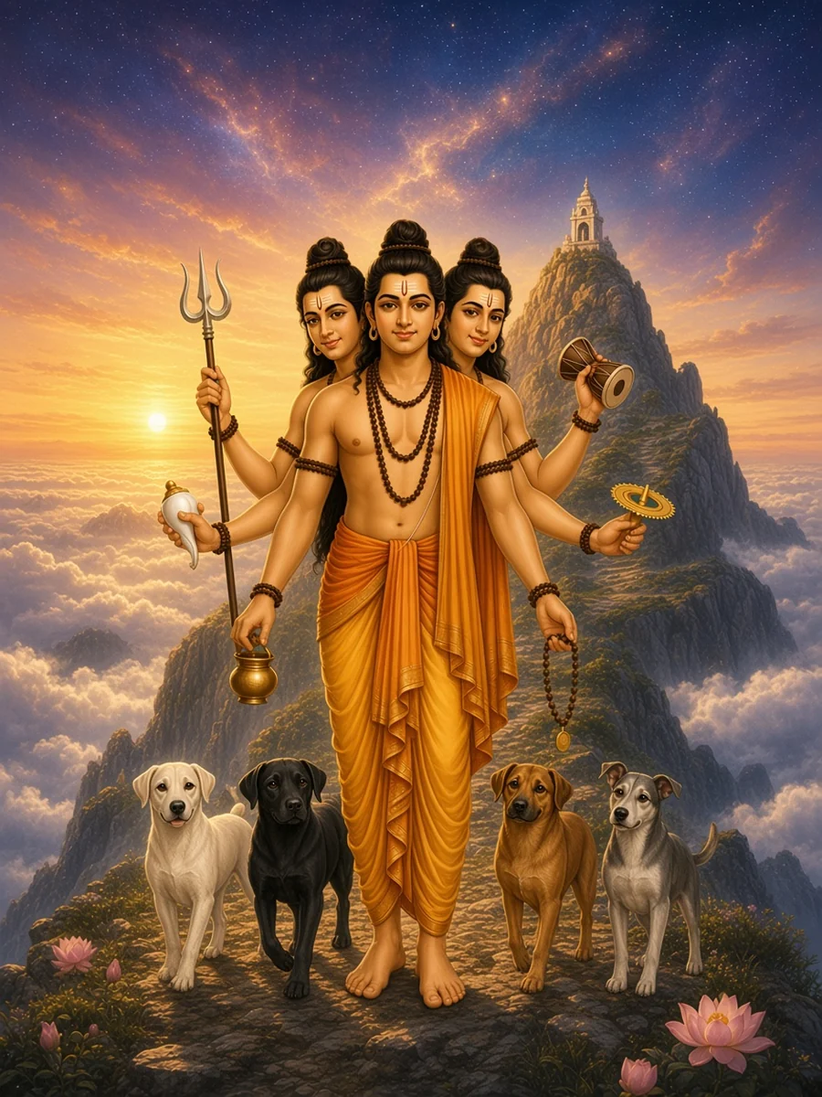 The wandering Datta walks the summit of Girnar at sunrise with his four dogs