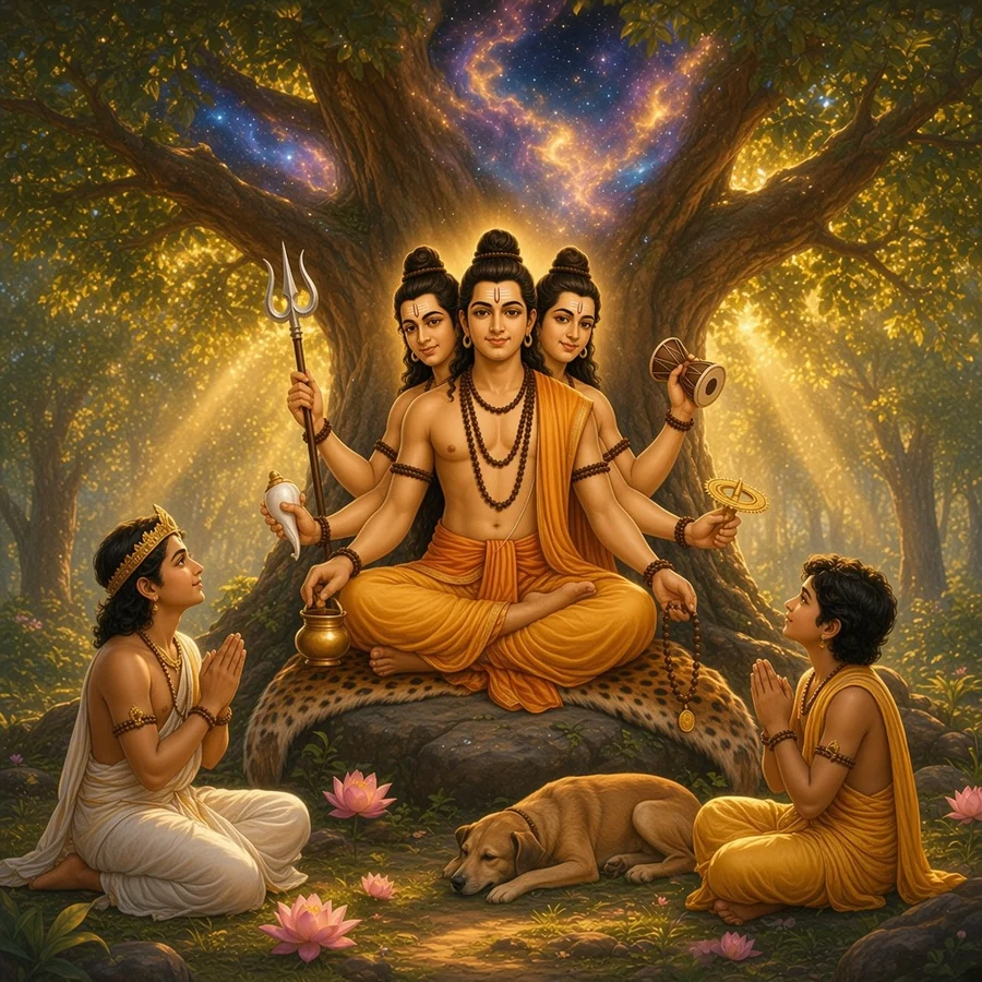 Dattatreya teaches a young prince and a boy under the audumbar tree
