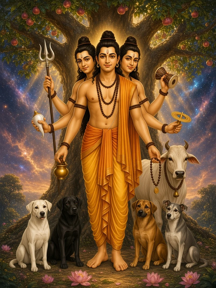 Dattatreya under the audumbar tree, with four dogs at his feet and a cow behind him