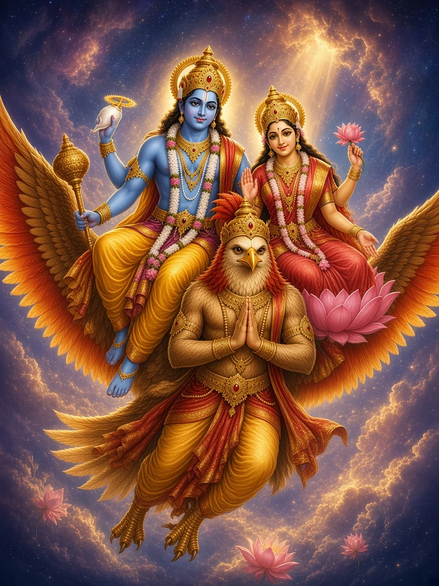 Garuda flies across the night sky carrying Vishnu and Lakshmi on his shoulders