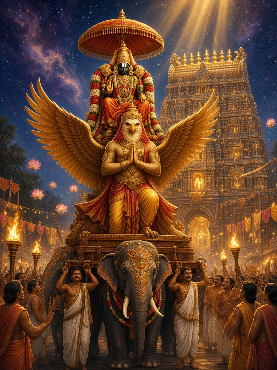 The golden Garuda mount carries the god through the streets of Tirumala at night