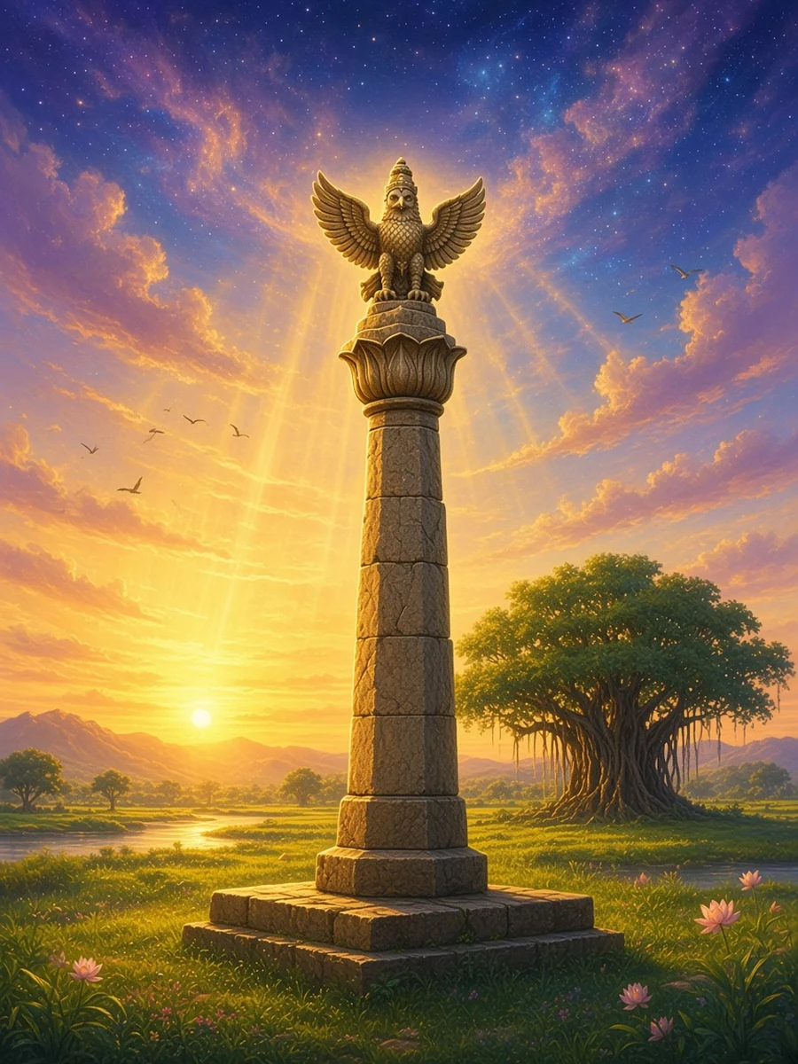 The ancient stone pillar of Garuda at Vidisha stands alone in the dawn light