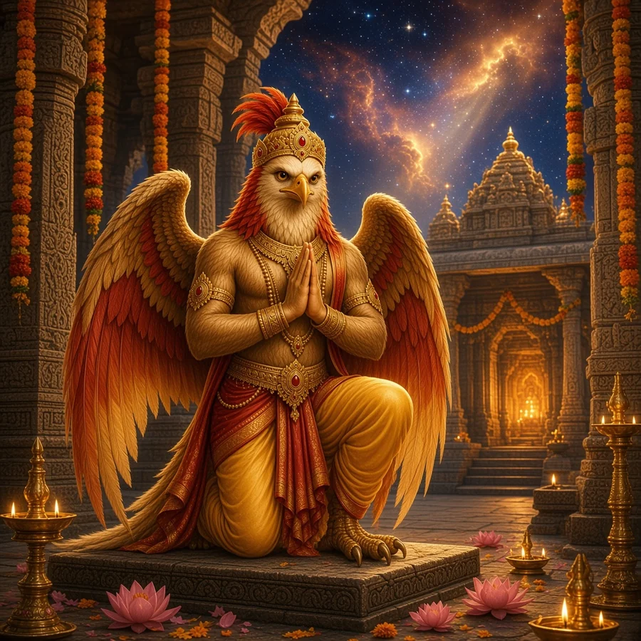 Garuda kneels with folded hands facing the shrine in a south Indian Vishnu temple