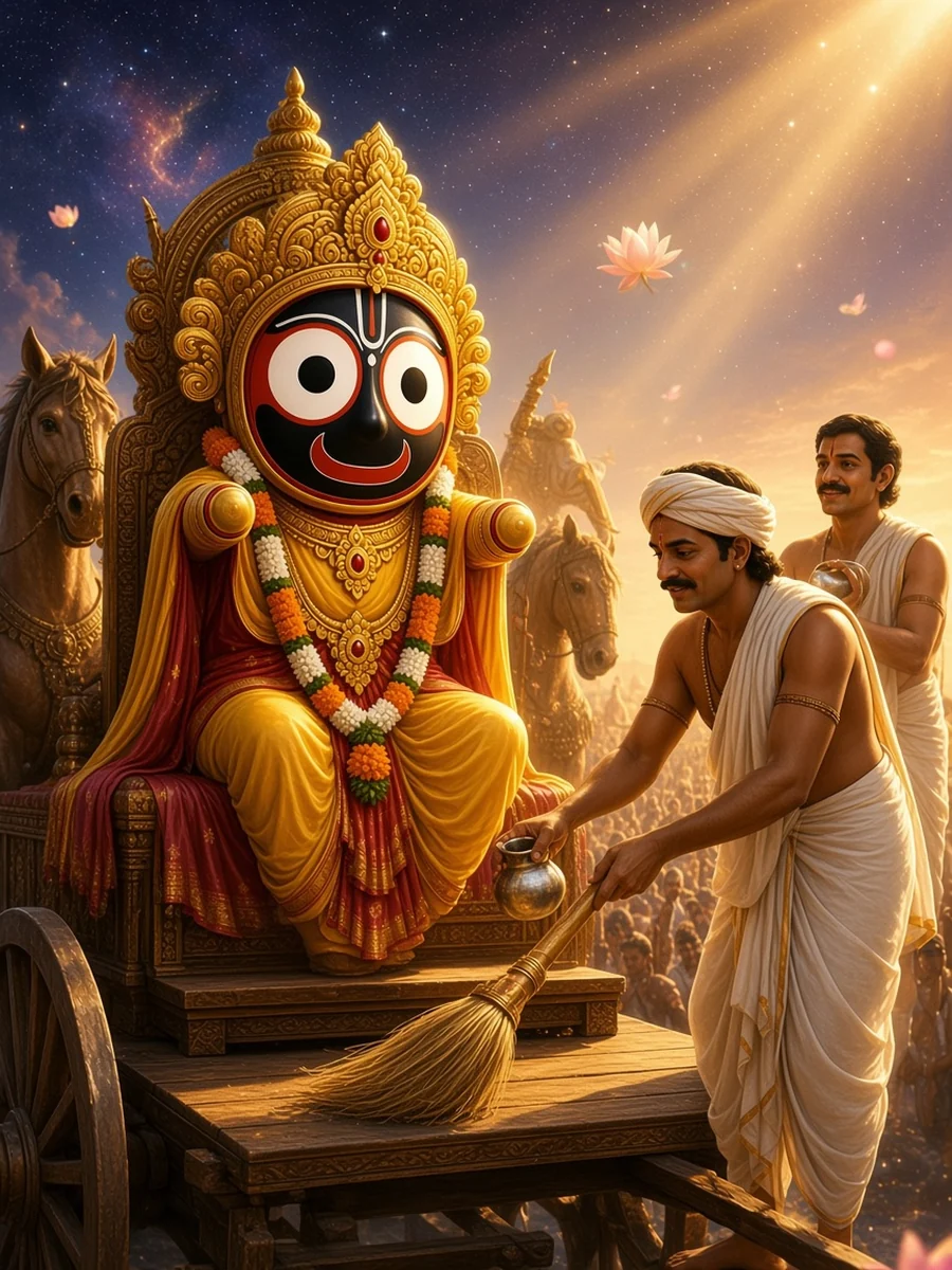 The king of Puri sweeps the chariot with a golden broom before Jagannath