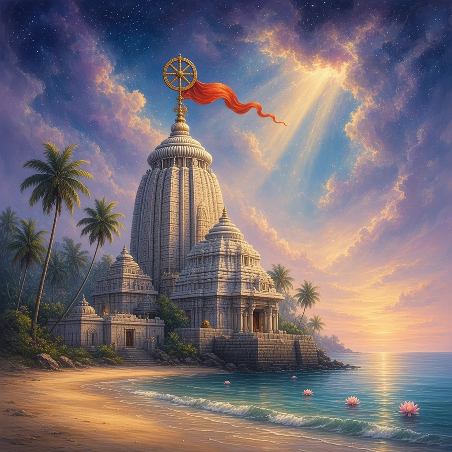 The great temple of Puri at dawn, its flag flying above the sea