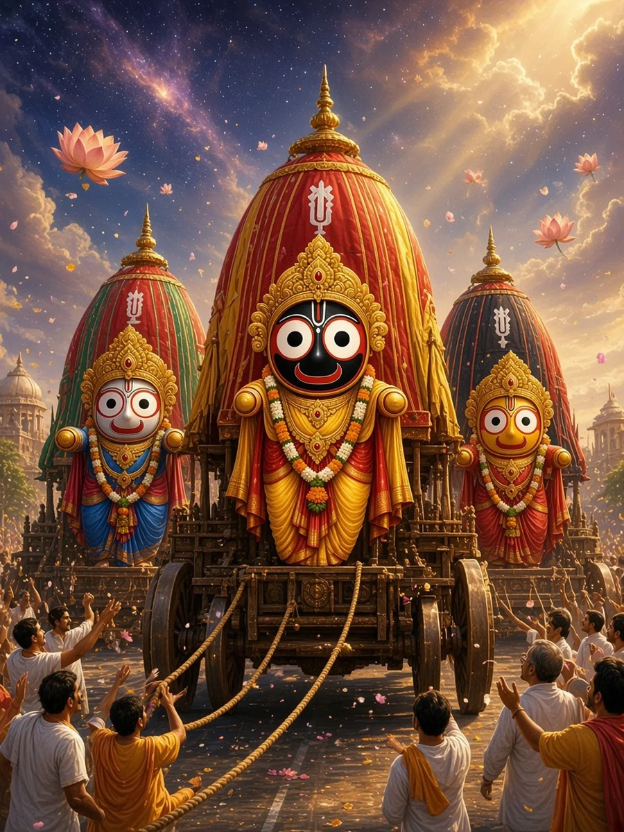 Jagannath rides his red and yellow chariot down the Grand Road at the Rath Yatra