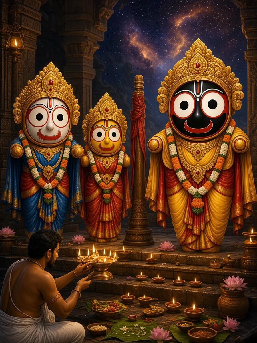 Jagannath, Balabhadra and Subhadra on the jewelled platform, lit by temple lamps