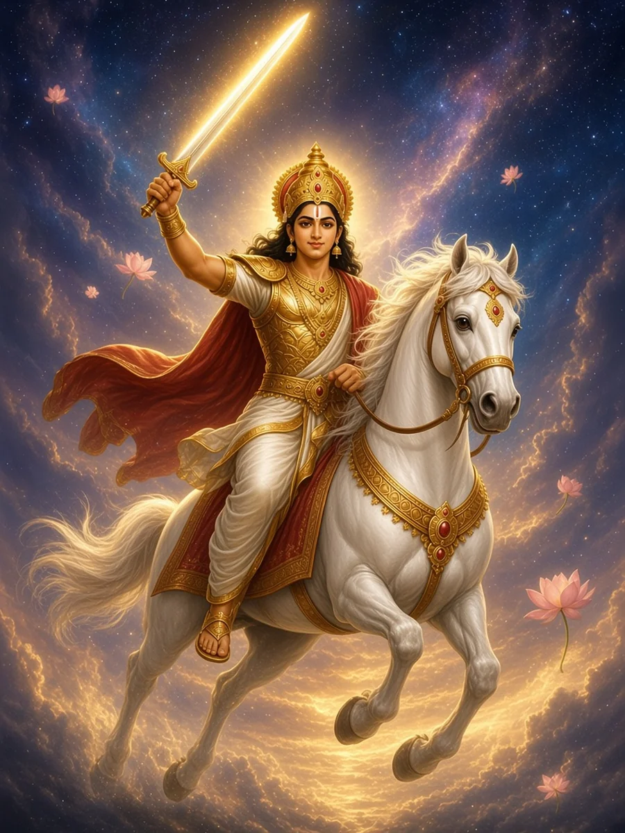 Kalki rides out on Devadatta with his sword blazing like a comet as the dark clouds part