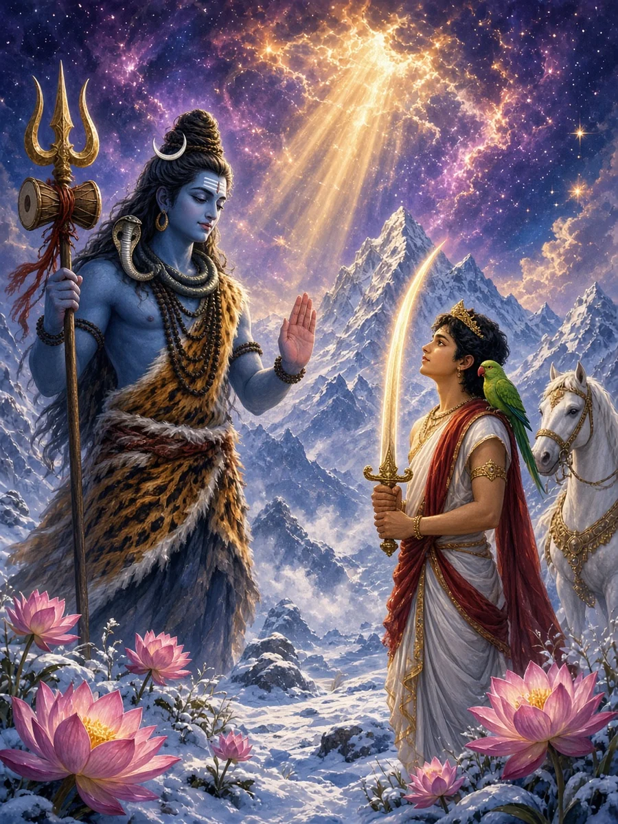 Shiva gives young Kalki a jewelled sword, a white horse and a green parrot