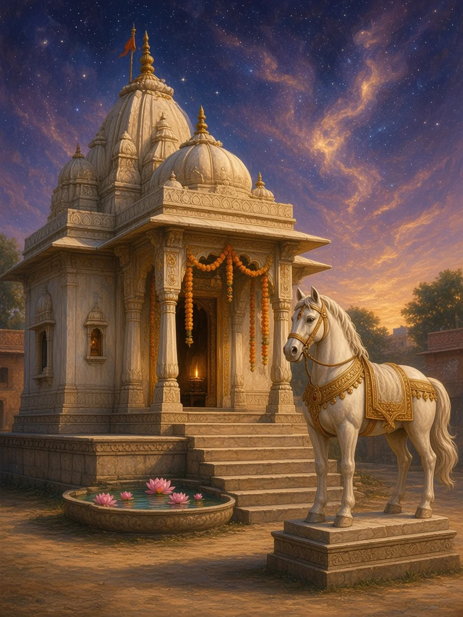 The Kalki temple of Jaipur, with a white marble horse waiting before it