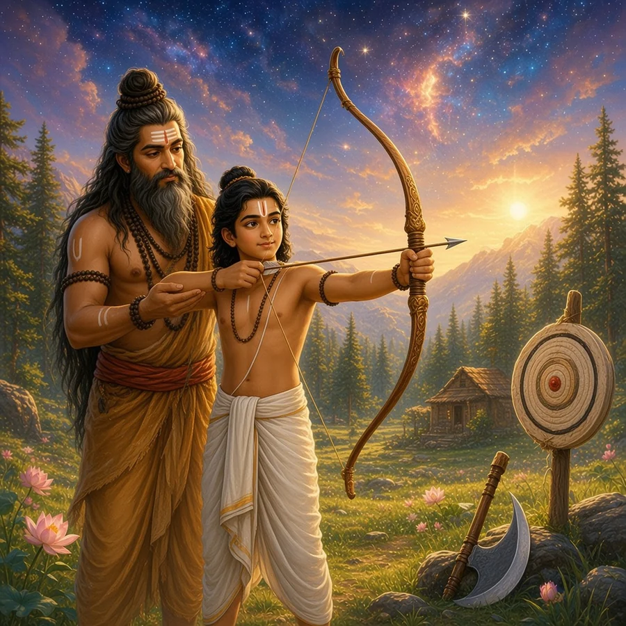 Parashurama, the avatar who never died, teaches the boy Kalki the bow