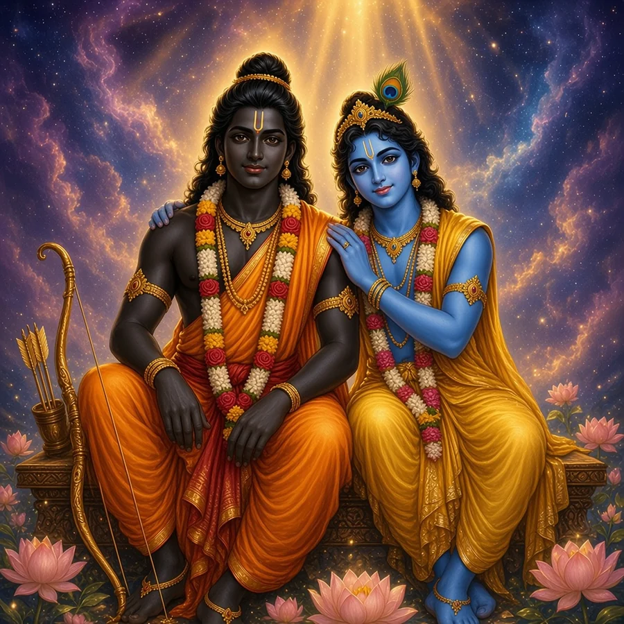 Krishna sits beside Barbarika and gives him his own name, Shyam