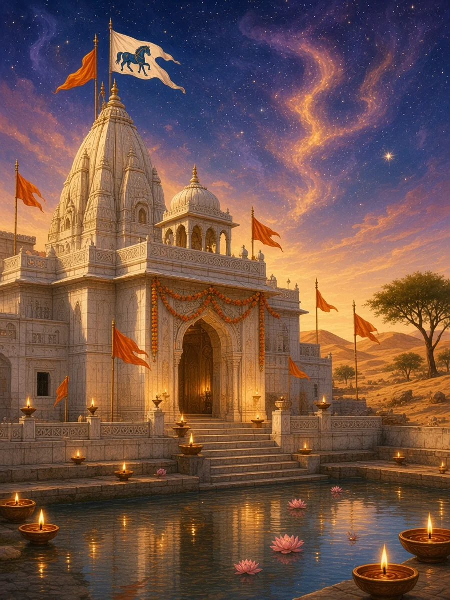 The white temple at Khatu at dusk, saffron flags leaning on its walls