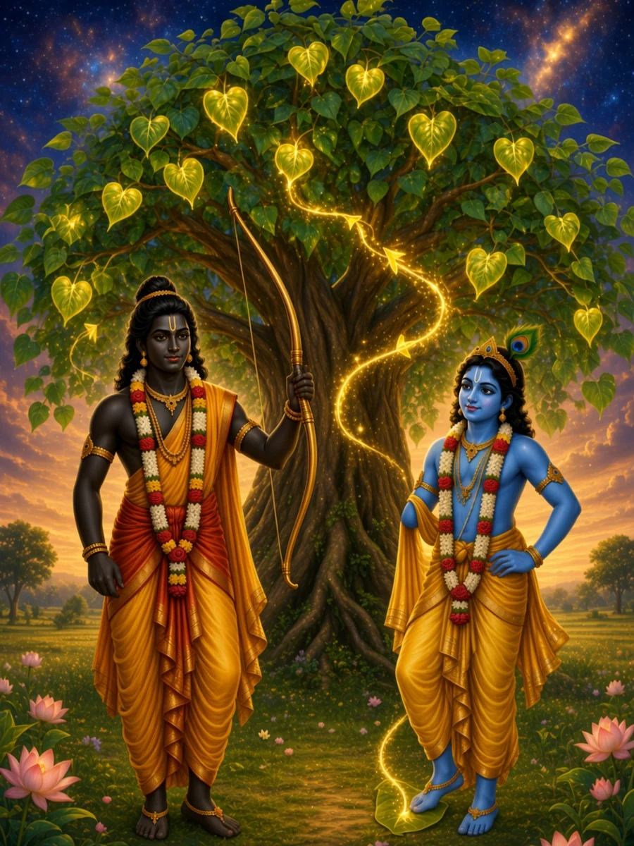 One arrow marks every leaf of the peepal tree, even the one under Krishna's foot