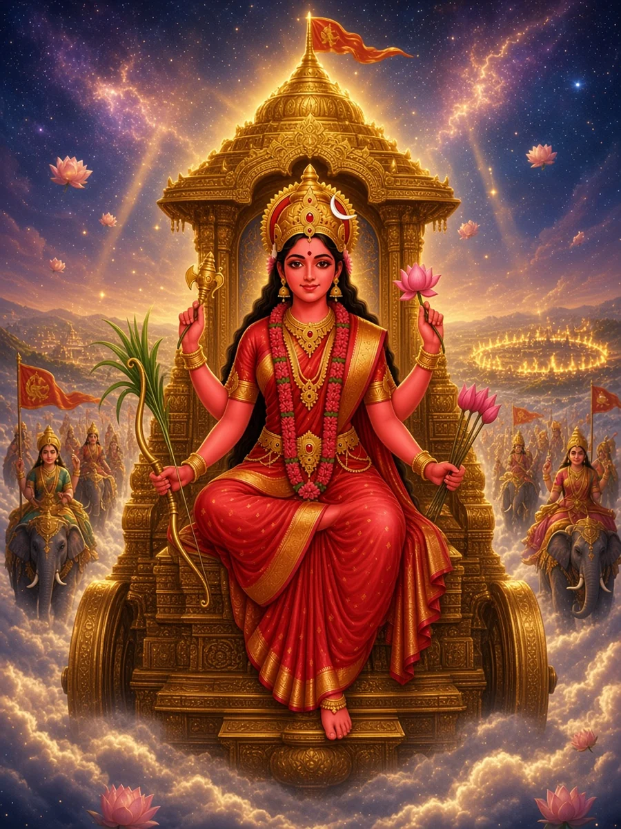 Lalita rides out in her great chariot Chakraraja with an army of goddesses of light