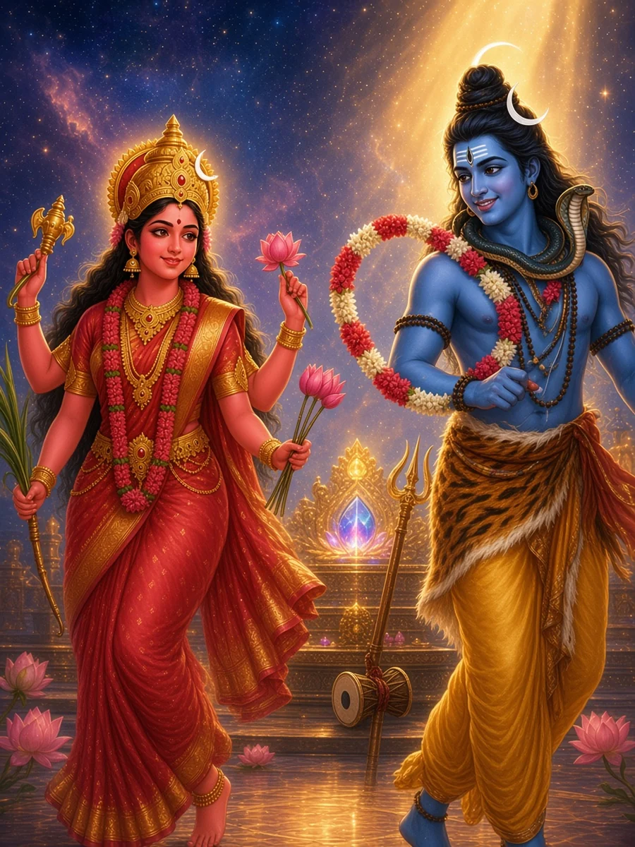 Lalita's garland falls round the neck of Kameshvara, Shiva as the lord of love