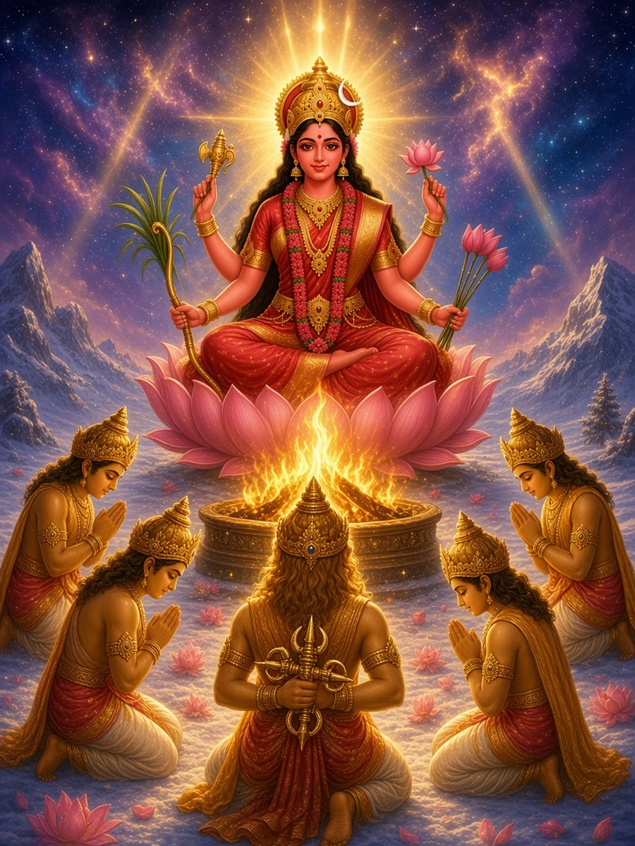 Lalita rises in a wheel of light above the gods' fire as Indra and the gods bow
