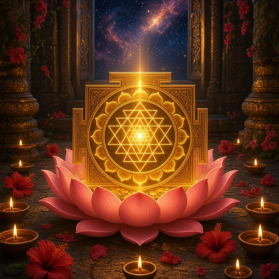 The Shri Chakra glows on a pink lotus, nine golden triangles round a point of light