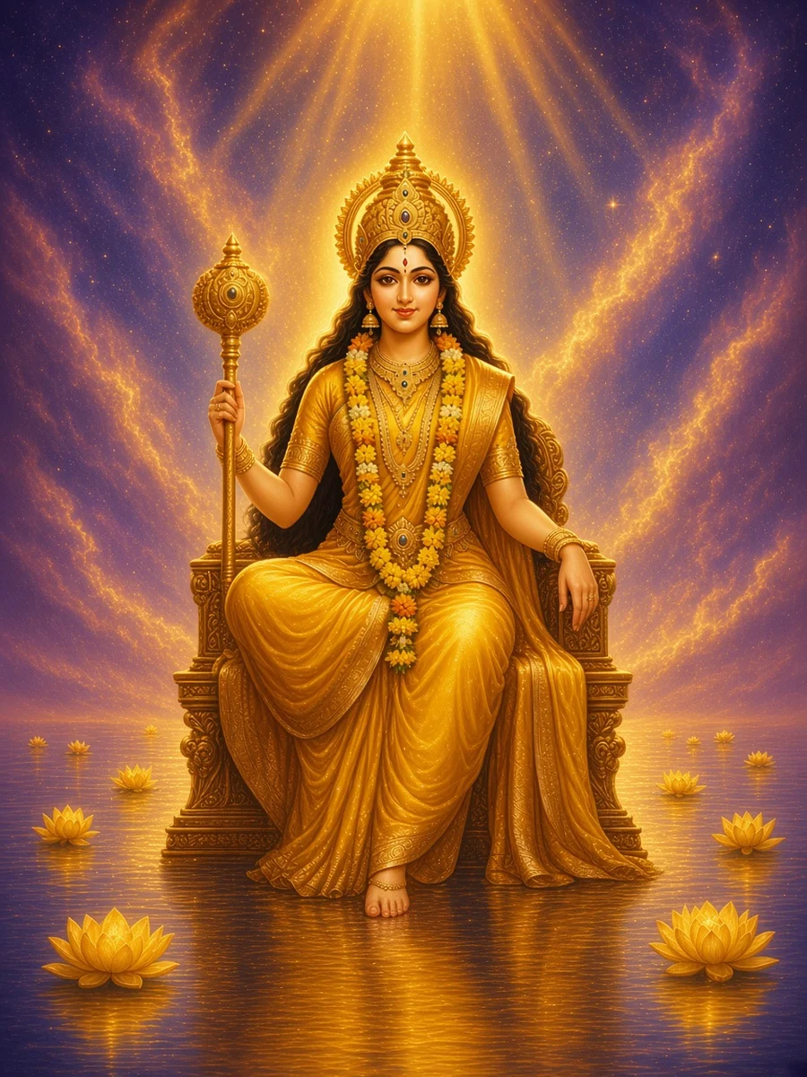 Bagalamukhi, dressed all in yellow, sits calm above a still golden lake