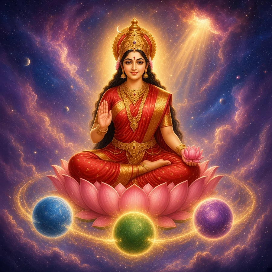 Bhuvaneshvari, queen of the worlds, smiles over three small glowing worlds