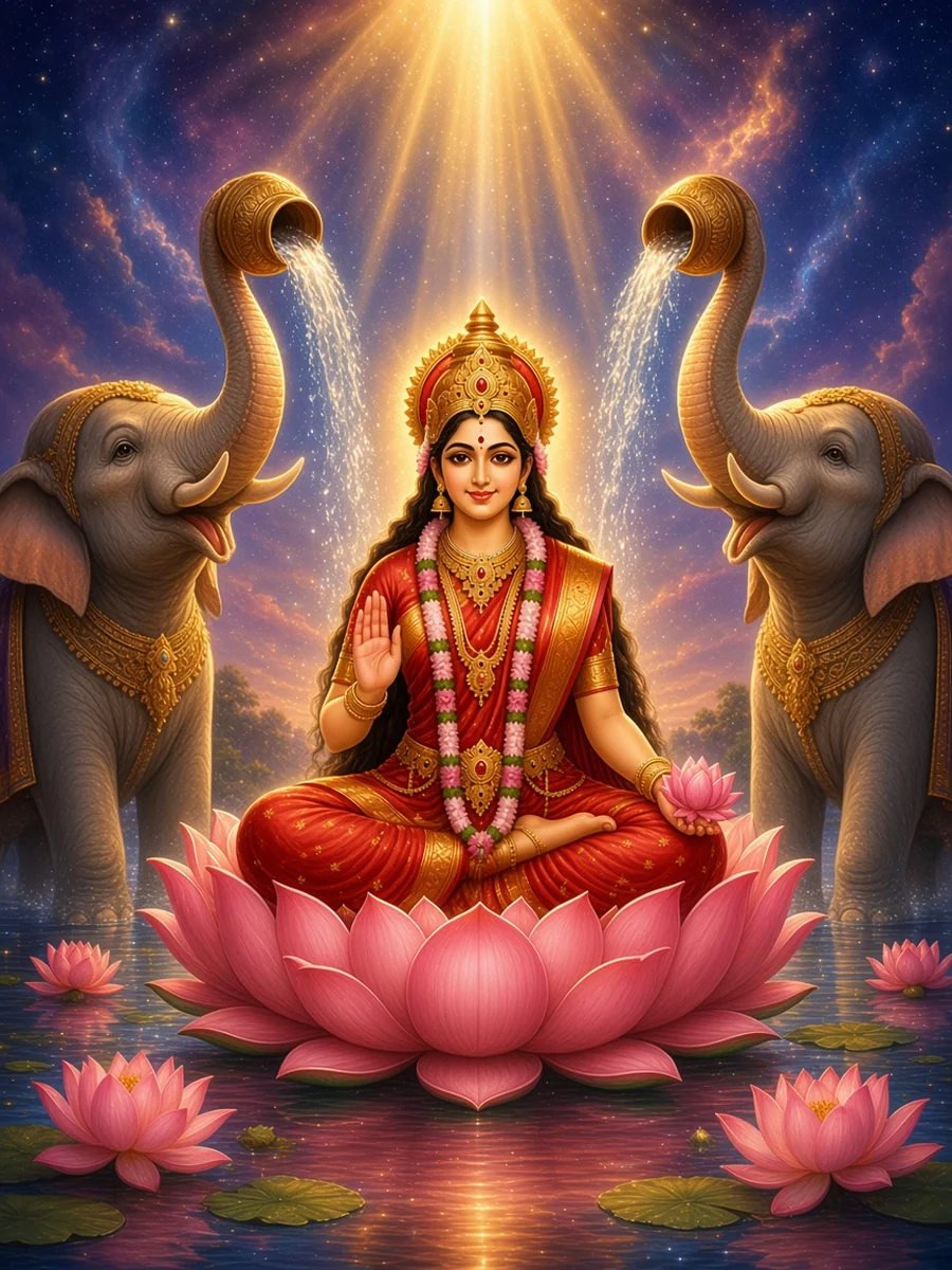 Kamala sits on her lotus while two white elephants bathe her