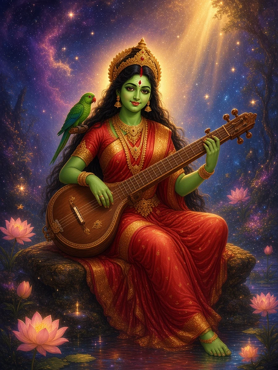 Matangi, the green goddess of speech, plays her veena with a parrot