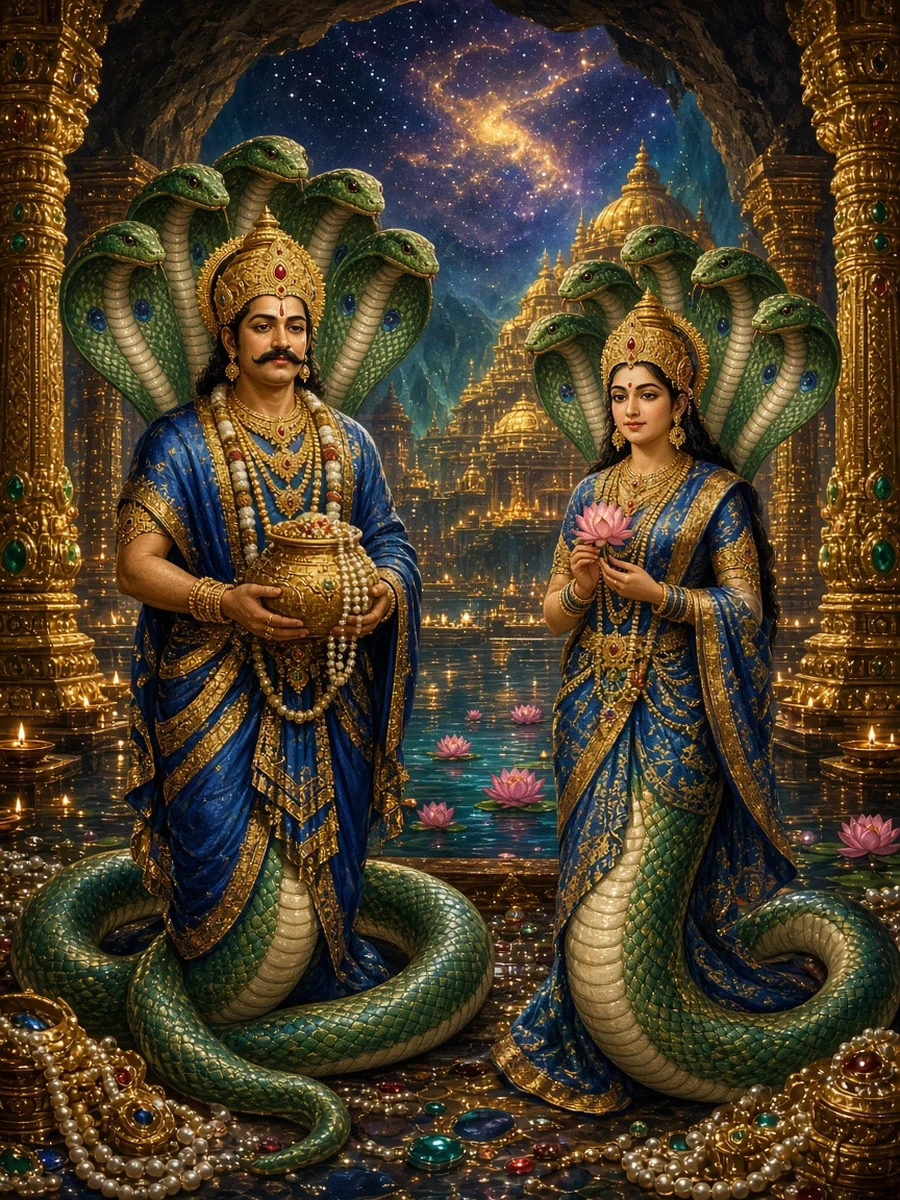 The Naga king and queen in their jewelled city of Bhogavati beneath the earth