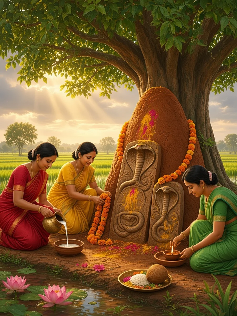 Village women pour milk at an anthill and a carved snake stone on Nag Panchami