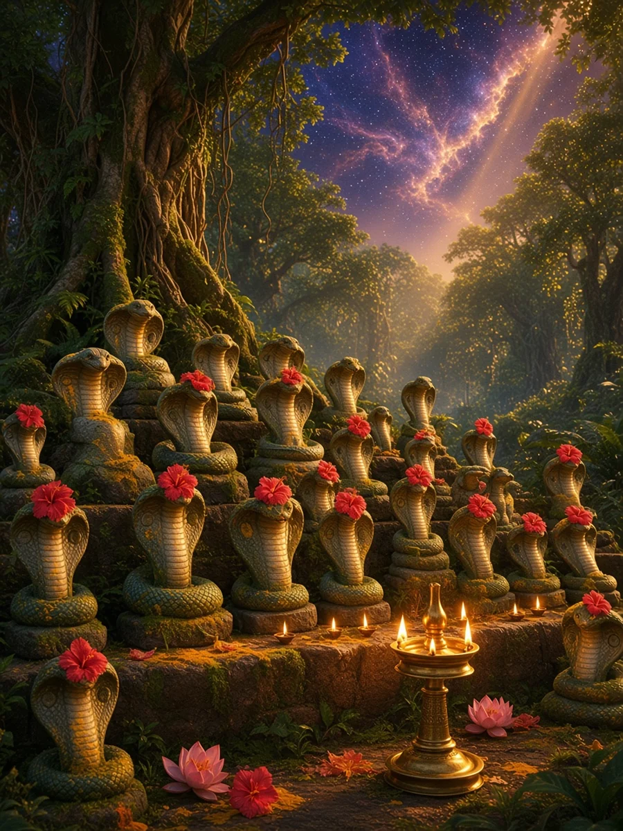 A sacred serpent grove in Kerala, with stone snake images and oil lamps in the shade