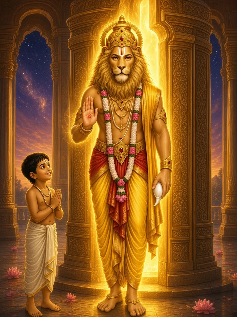 The pillar splits at dusk and the man-lion steps out to bless Prahlada