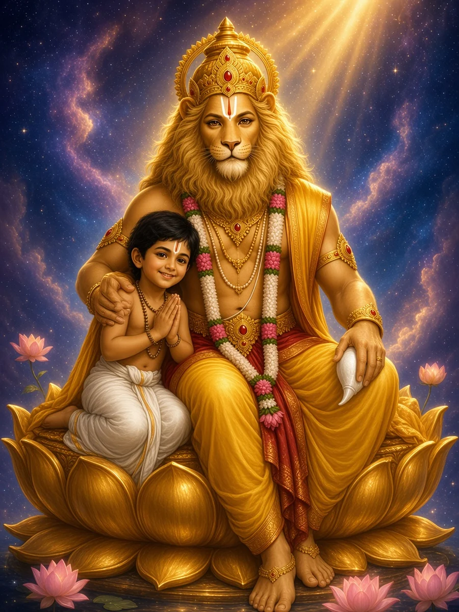 Calm at last, the man-lion holds little Prahlada on his knee