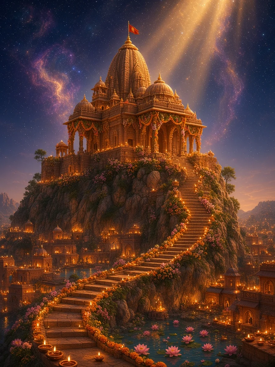 The Radha Rani temple on Barsana hill, lit with lamps for her birthday