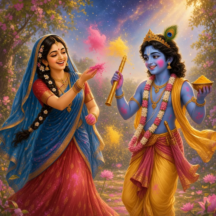 Radha and Krishna laugh as they throw coloured powder at Holi in Braj