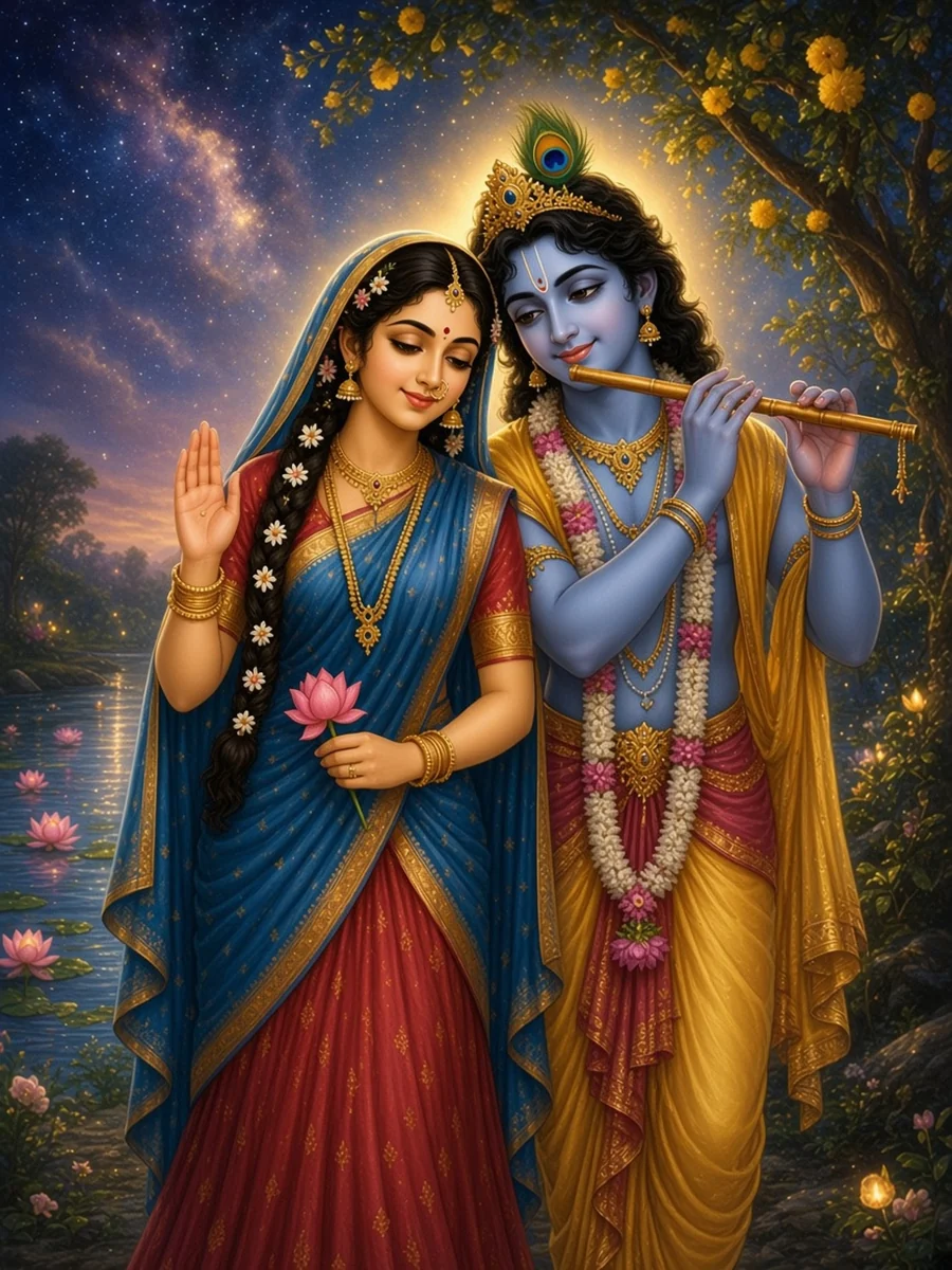 Radha listens beside Krishna as he plays his flute under the kadamba tree by the Yamuna