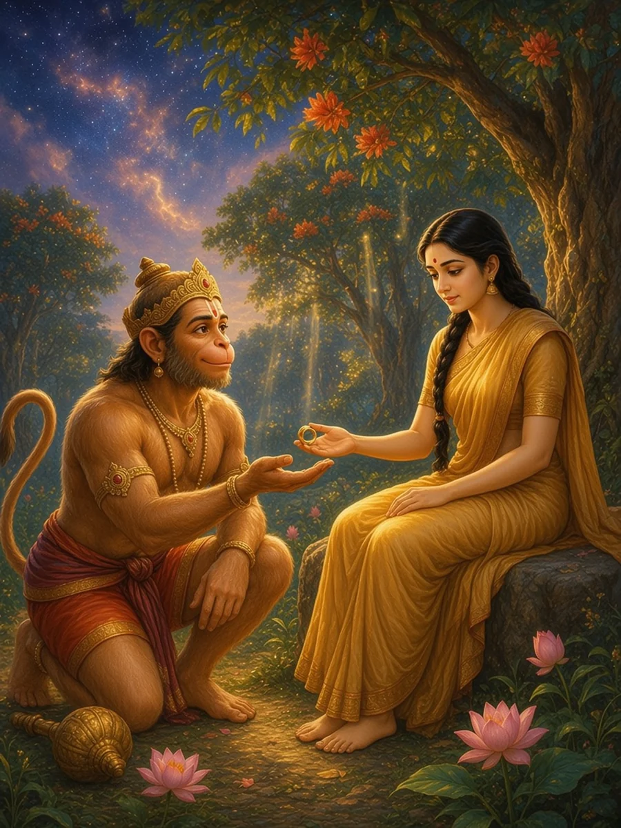 Hanuman kneels before Sita in the Ashoka grove of Lanka as she holds Rama's ring
