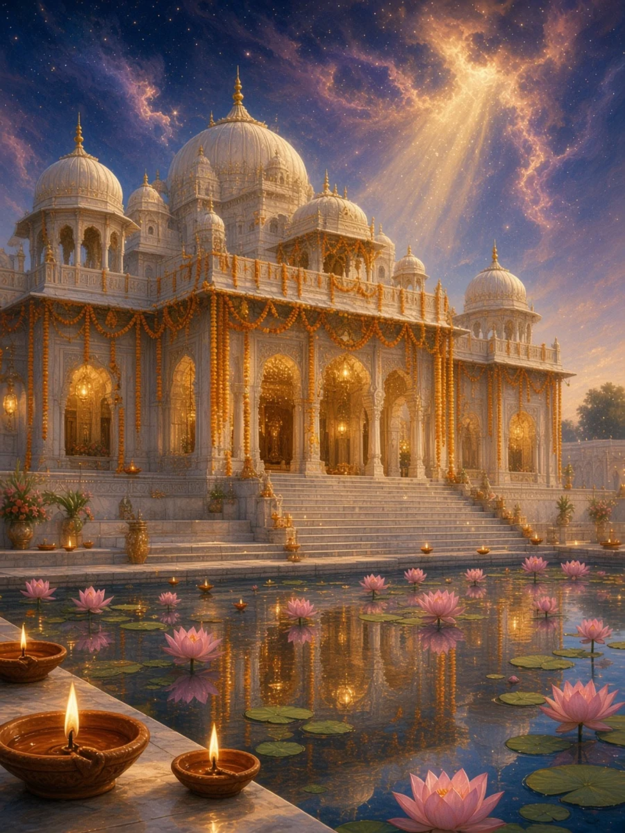 The white marble Janaki Mandir of Janakpur, lit with lamps for Sita's wedding day