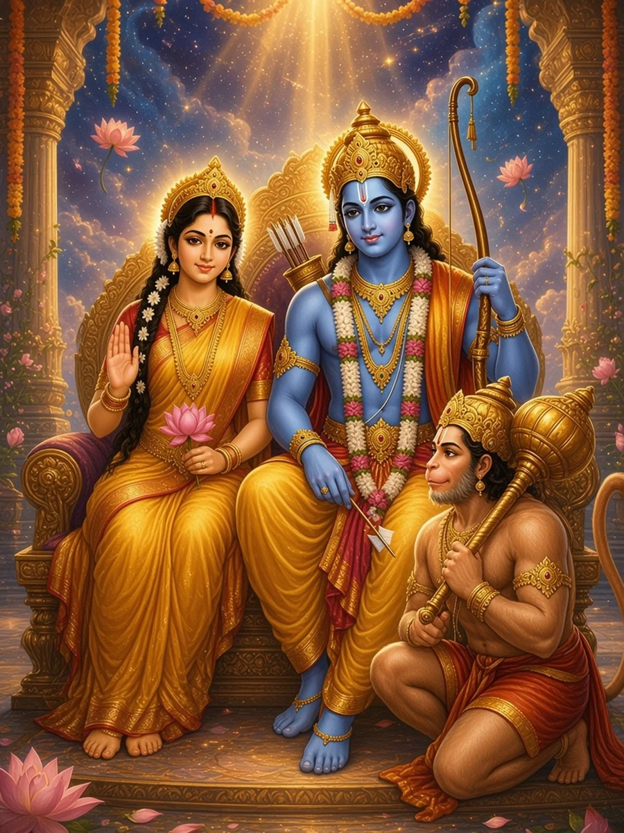 Sita sits enthroned beside Rama in Ayodhya while Hanuman kneels at their feet