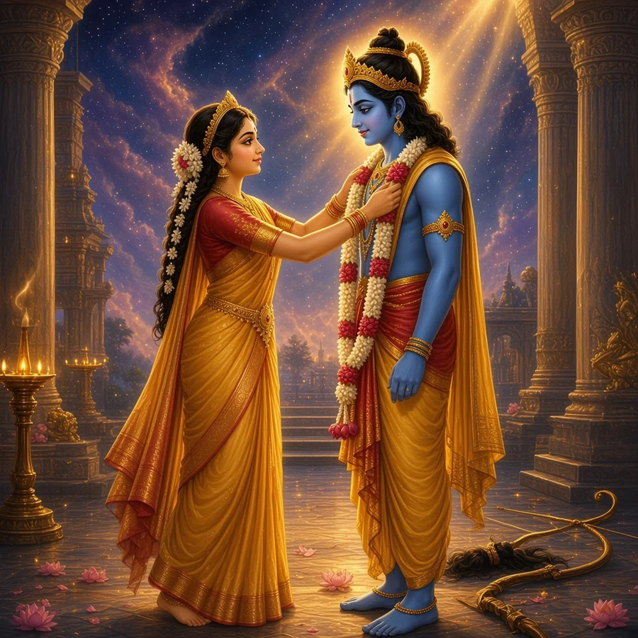 Sita garlands Rama beside the broken bow of Shiva in her father's hall