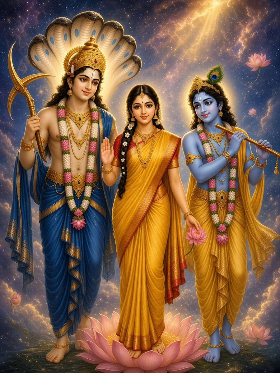 Subhadra stands between her brothers, the fair Balarama and the dark Krishna