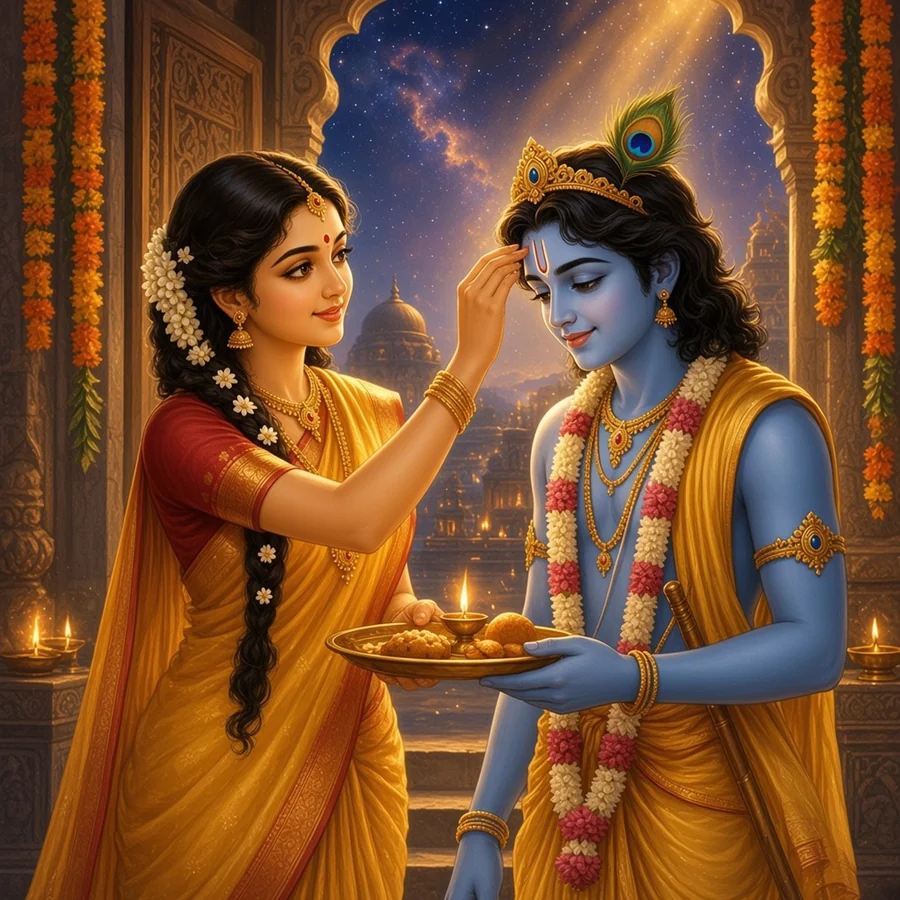 Subhadra marks Krishna's forehead and offers him sweets when he comes home