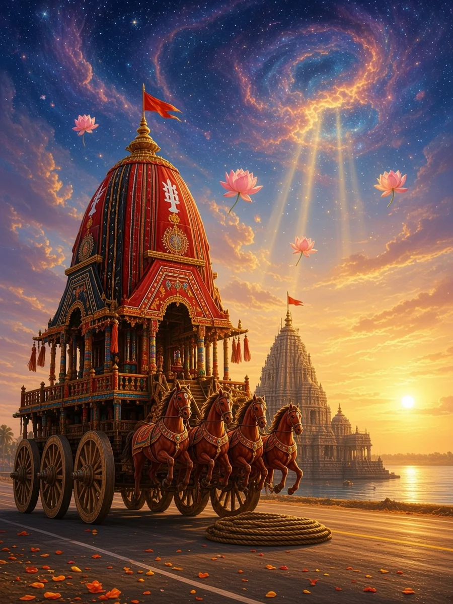 Subhadra's chariot Darpadalana waits on the road at Puri in red and black