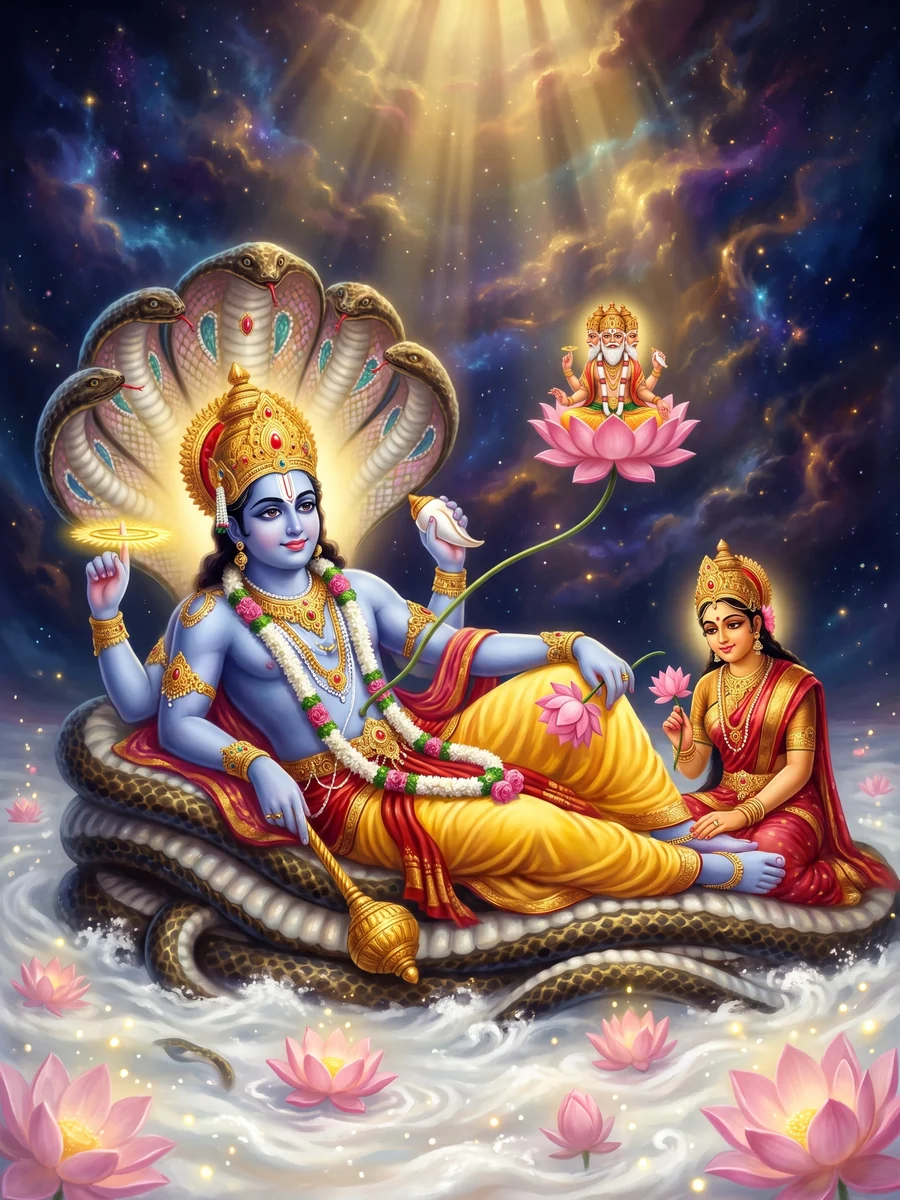 Asleep on Shesha, with Lakshmi at his feet and Brahma on the lotus
